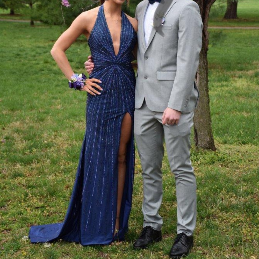 Sherri Hill navy blue plunge halter dress, size 0 unaltered.  Homecoming court